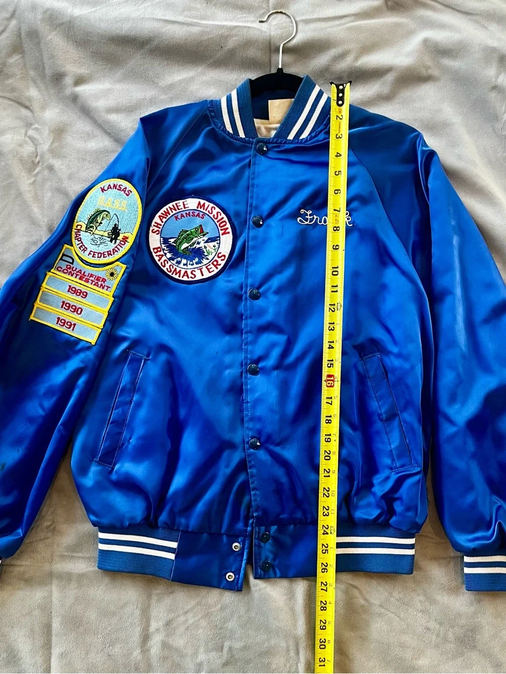 Vintage Shawnee Mission Bassmasters Blue Satin Bomber Jacket with Embroidery